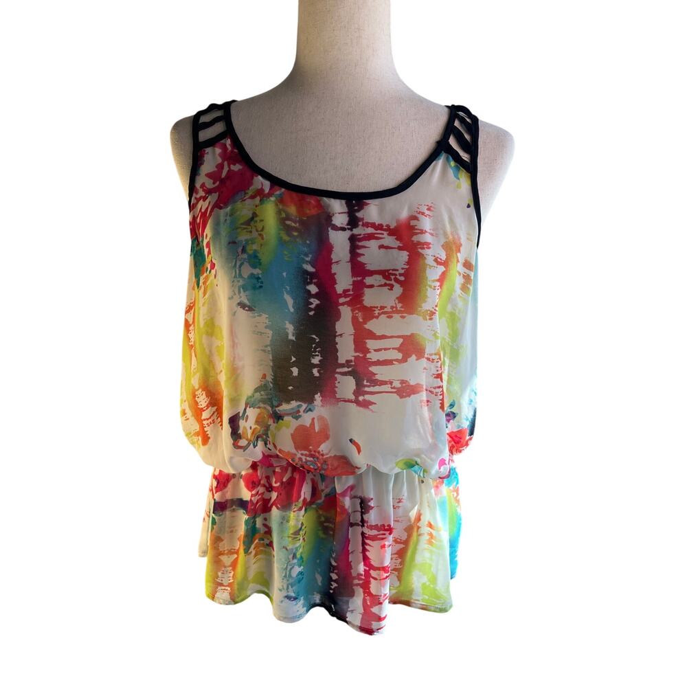 Studio Y Colorful Abstract Print Strappy Shoulder Blouse Size Large
